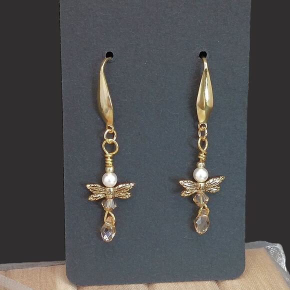 Golden Winged Dragonfly Earrings Artisan Dangle Dainty Pearl Swarovski Crystals - Picture 1 of 9
